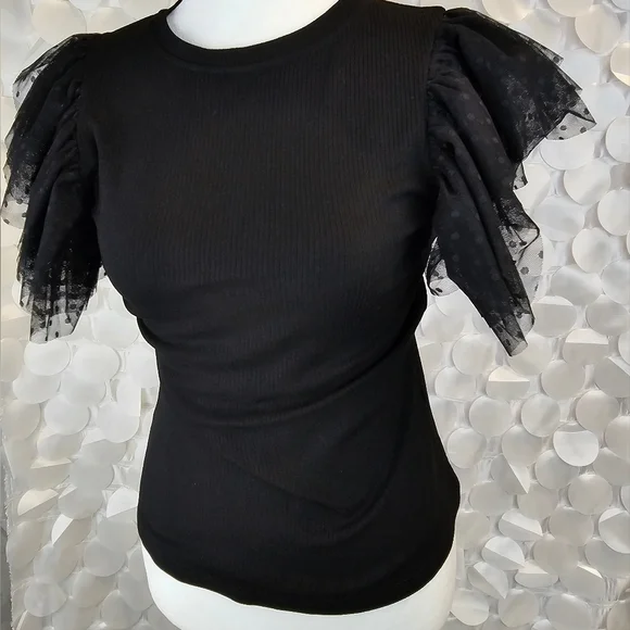 BLACK MESH RUFFLE SLEEVE KNIT TOP - Picture 3 of 4